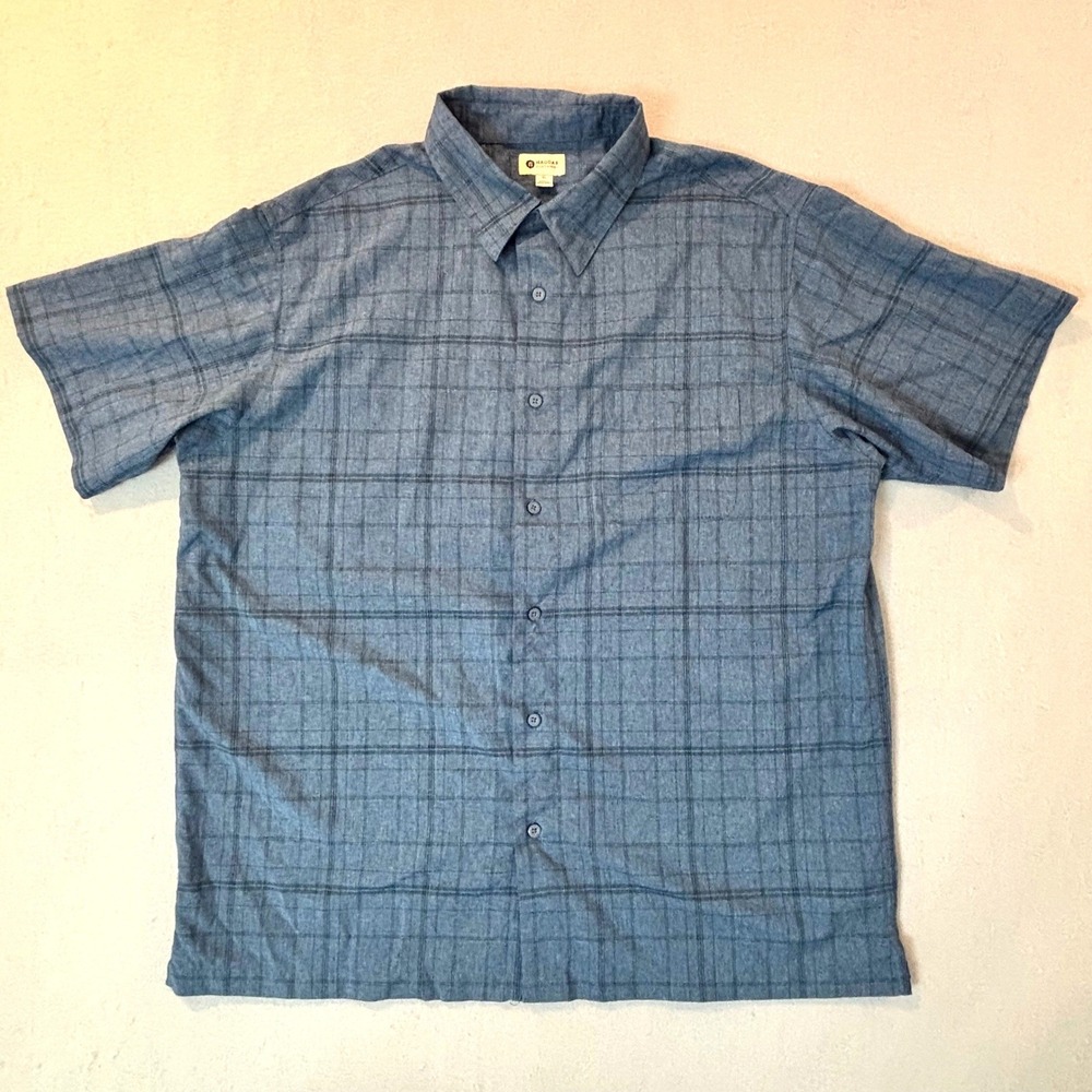 Haggar Clothing Mens XL Blue Plaid Short Sleeve Button Down Shirt Pocket Front